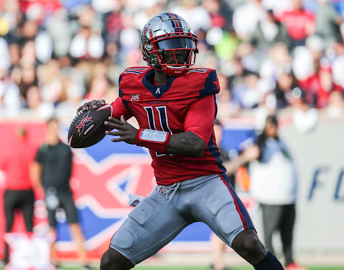 Feb 8, 2020; Houston, TX, USA; Houston Roughnecks quarterback P.J. Walker (11) attempts a pass during the first quarter against the Los Angeles Wildcats in a XFL football game at TDECU Stadium. Mandatory Credit: Troy Taormina-USA TODAY Sports